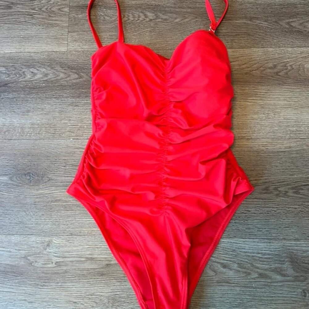New Look Red Tummy Control Ruched Front Swimsuit Swimming Costume Size 10